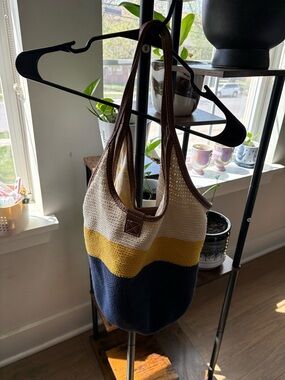 Striped Knit Shoulder Bag in Cream, Mustard & Navy with Brown Trim
